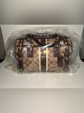 Coach Signature Stripe Barrel Satchel Bag Brown Leather Trim Large Zoe Style